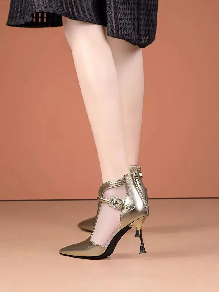 Women's High Heel Sandals Thin Heels Pointed Tip Buckle Women Ankle Boots Side Cutout Sexy Sandalias De Tacón Summer New Style