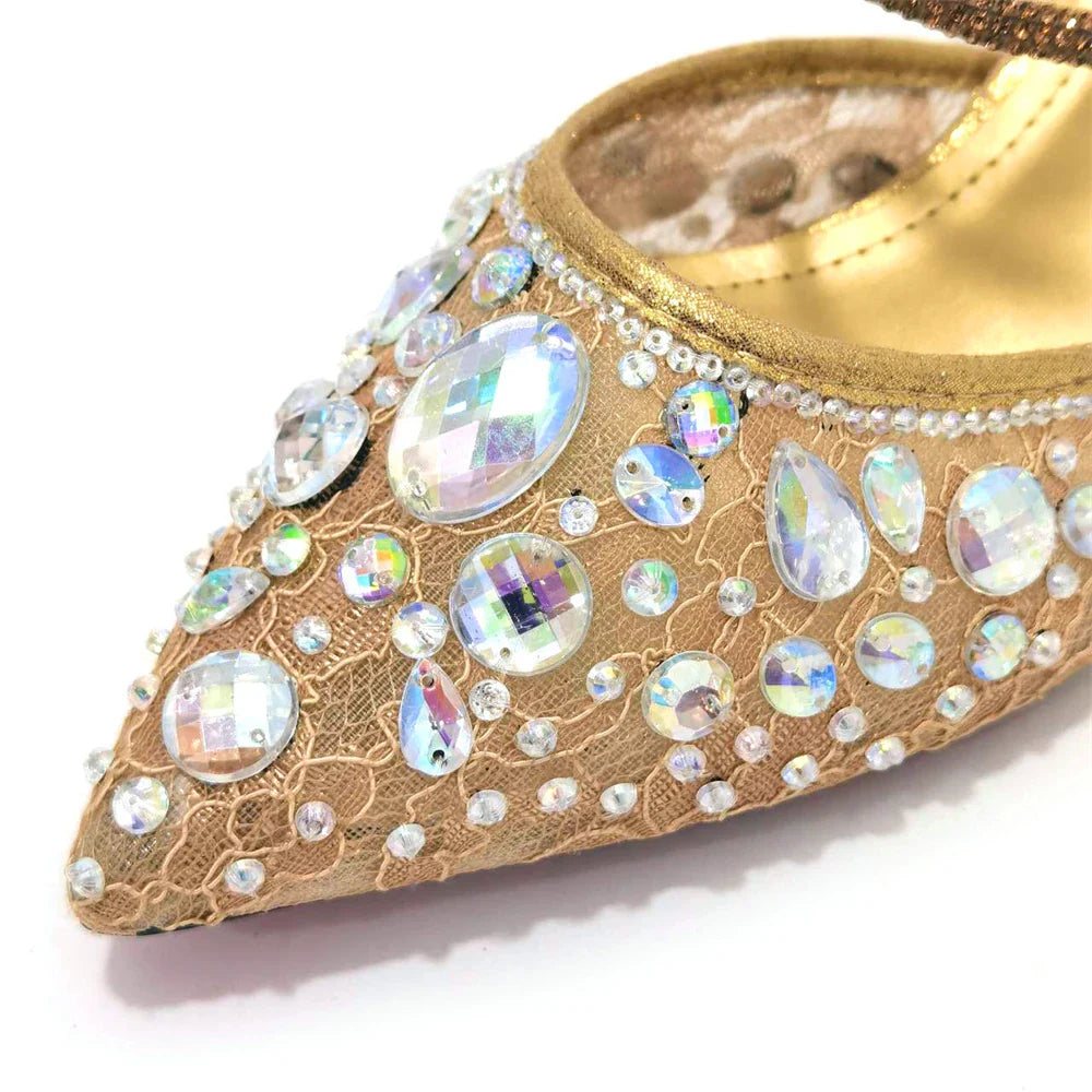 Venus Chan Pointed Toe Heels for Women Party Green Color Full Diamond Lace Matching Design Italian Shoe and Bag Set Designer