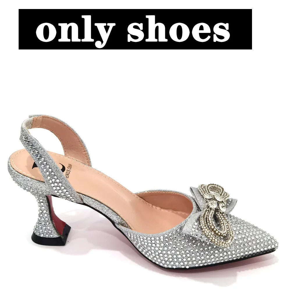 The Latest Style Rhinestone Bow Side Empty Party High Heels Pointed Toe Stiletto Heels Silver Women's Shoes And Bags