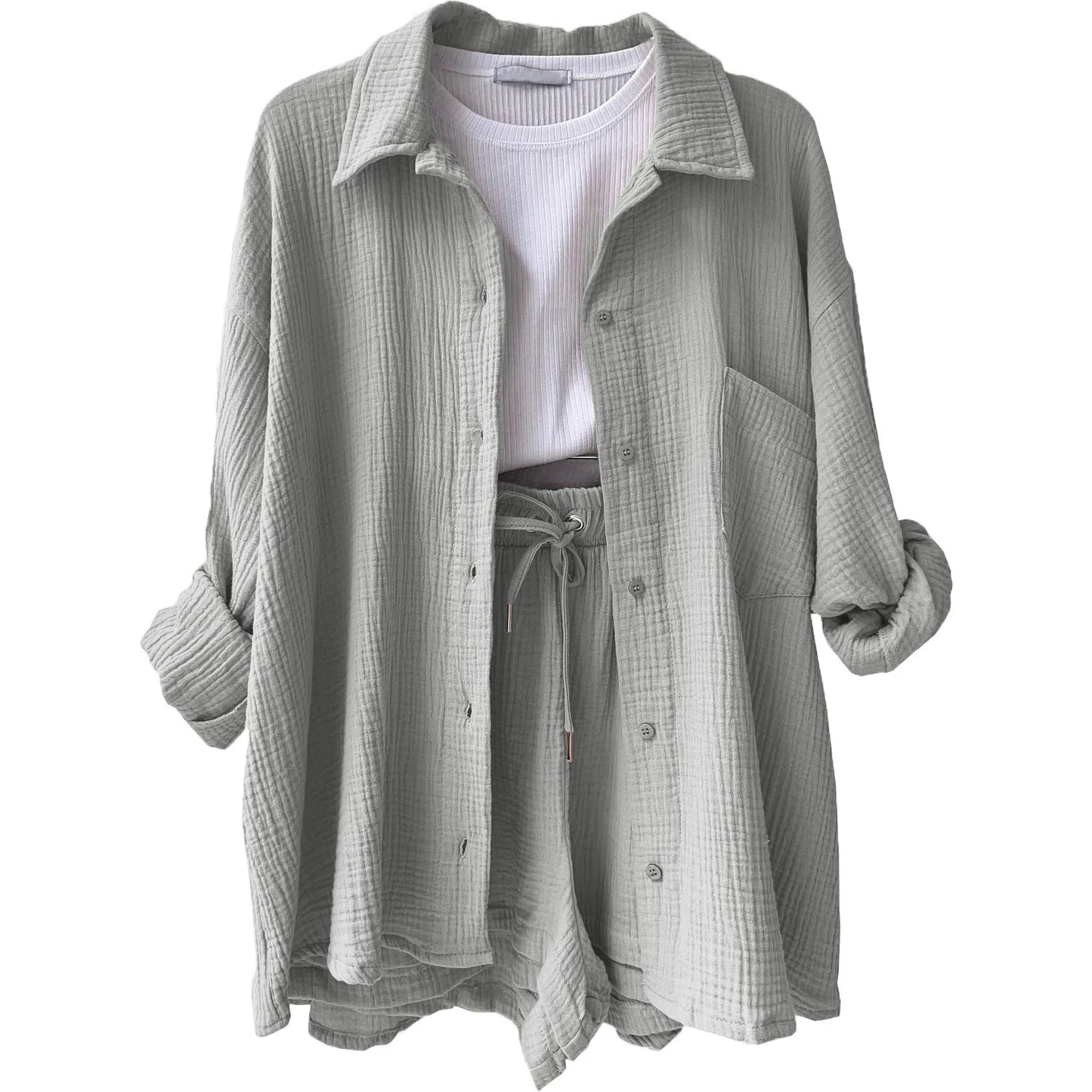 Women's Short Sets 2 Pcs Sale Grass Green Loose Button Cardigan Blouse Coats & Drawstring Wide Leg Loose Short Pant Suits