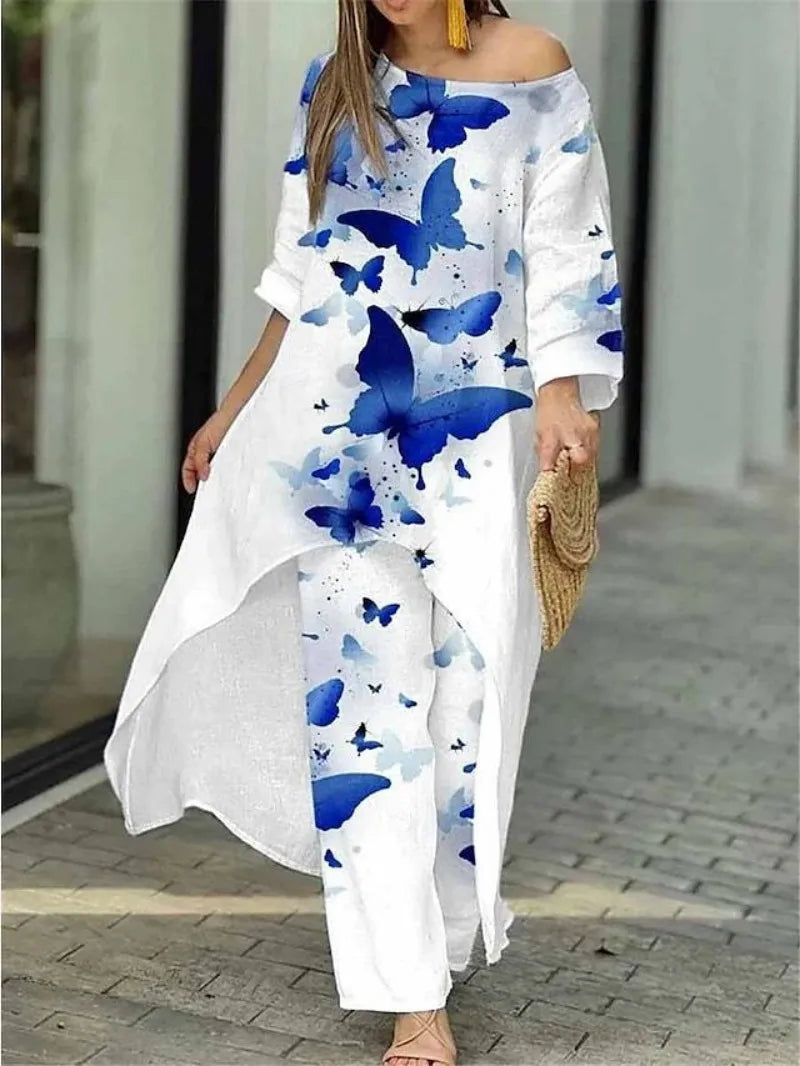 Women's Fashion Spring/Summer Casual Loose Irregular Printed Nine Sleeve Round Neck Shirt High Waist Wide Leg Pants 2-piece Set