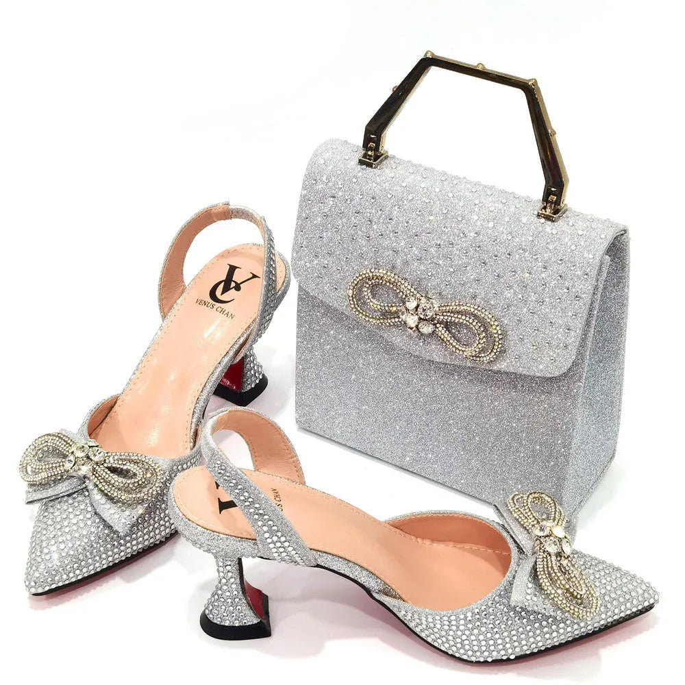 The Latest Style Rhinestone Bow Side Empty Party High Heels Pointed Toe Stiletto Heels Silver Women's Shoes And Bags