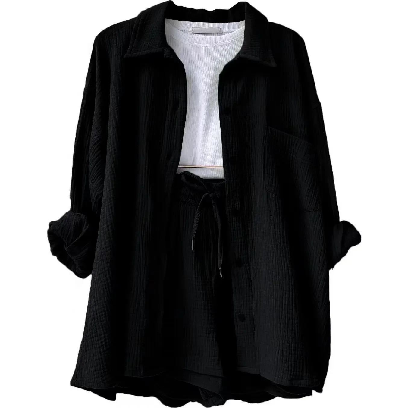 Women's Short Sets 2 Pcs Sale Grass Green Loose Button Cardigan Blouse Coats & Drawstring Wide Leg Loose Short Pant Suits