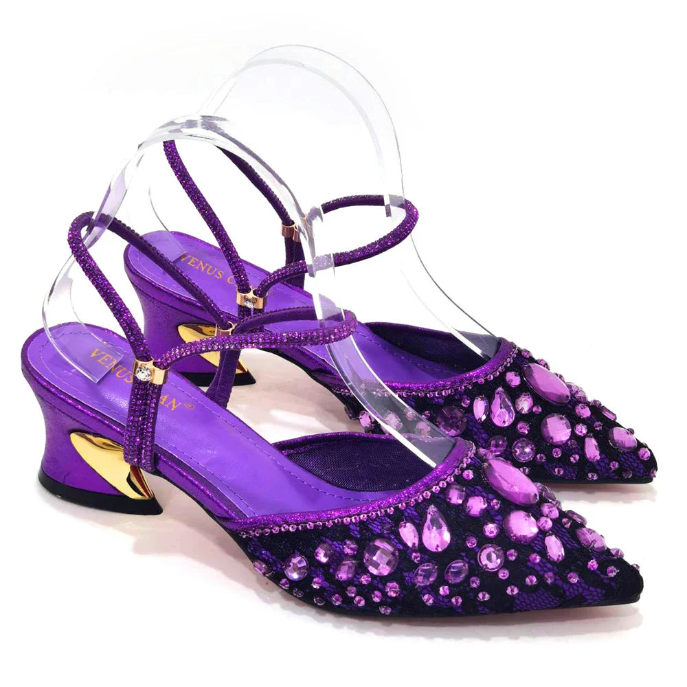 Venus Chan Pointed Toe Heels for Women Party Green Color Full Diamond Lace Matching Design Italian Shoe and Bag Set Designer