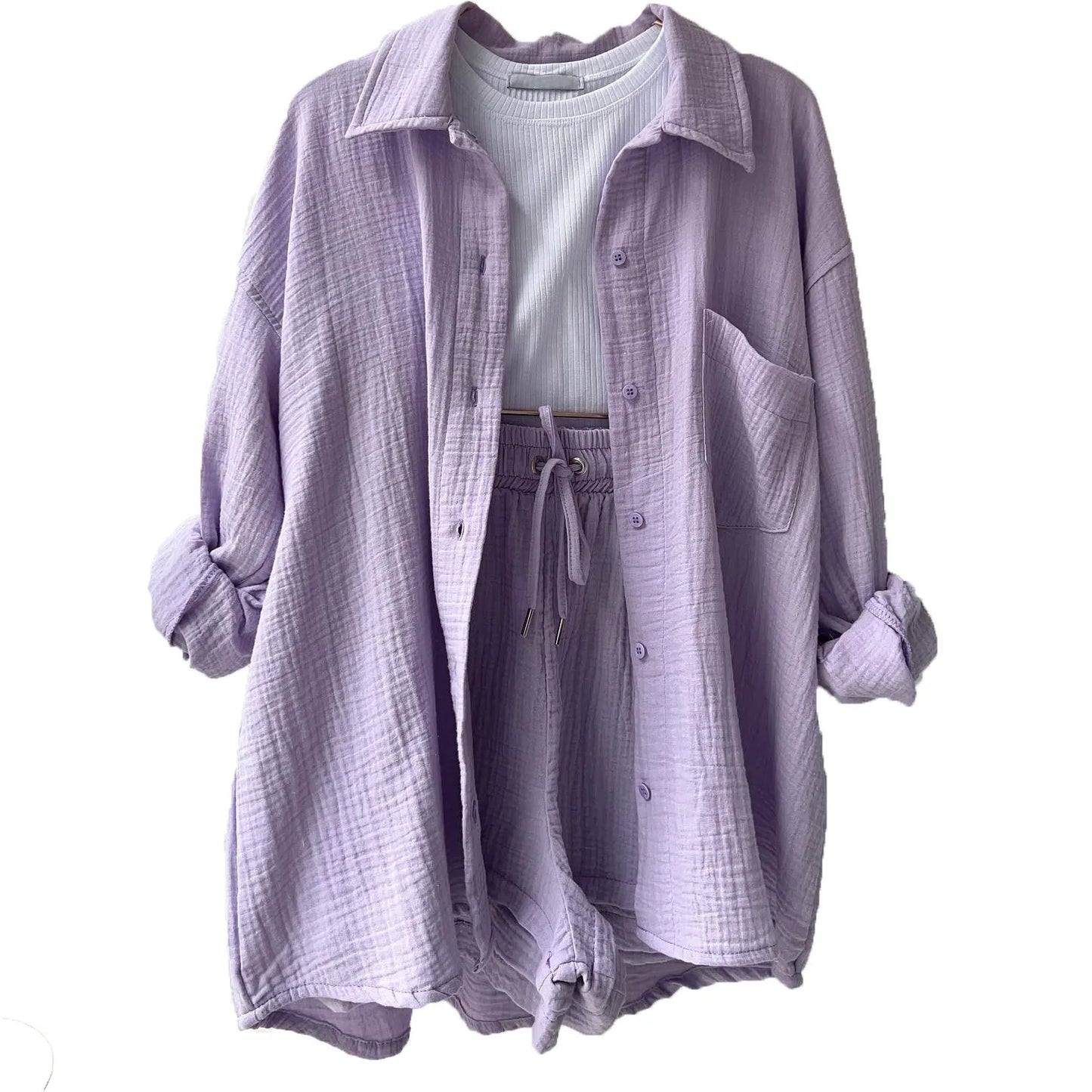 Women's Short Sets 2 Pcs Sale Grass Green Loose Button Cardigan Blouse Coats & Drawstring Wide Leg Loose Short Pant Suits