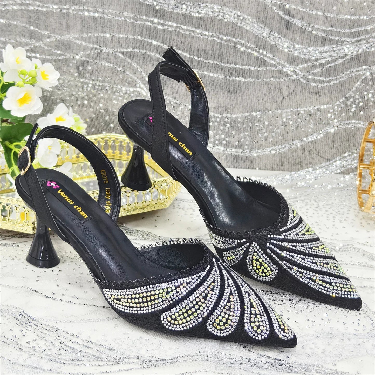 Venus Chan 2025 New Shoes and Bag to Match Orange Colour Pointed-Toe Diamond-Studded Party Women's High Heels Ms. Banguet Scene