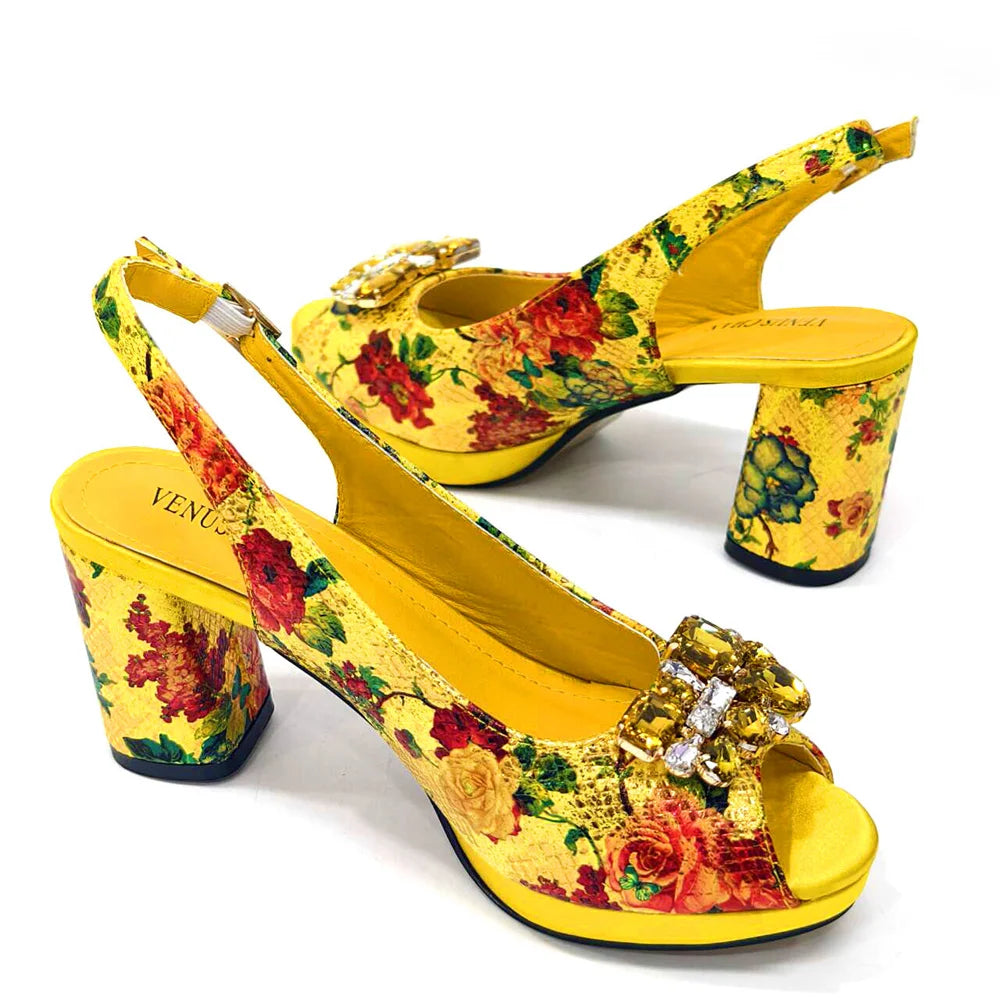 Venus Chan Italian Sandals and Bags Matching Set 2024 Women Heel Party for Gold Colour Wedding Bigger Size Thick Heel Shoes