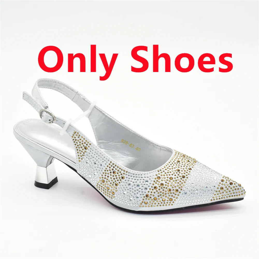 RUTIALNT Silver & Gold Crystal Shoe and Bag Set for Women