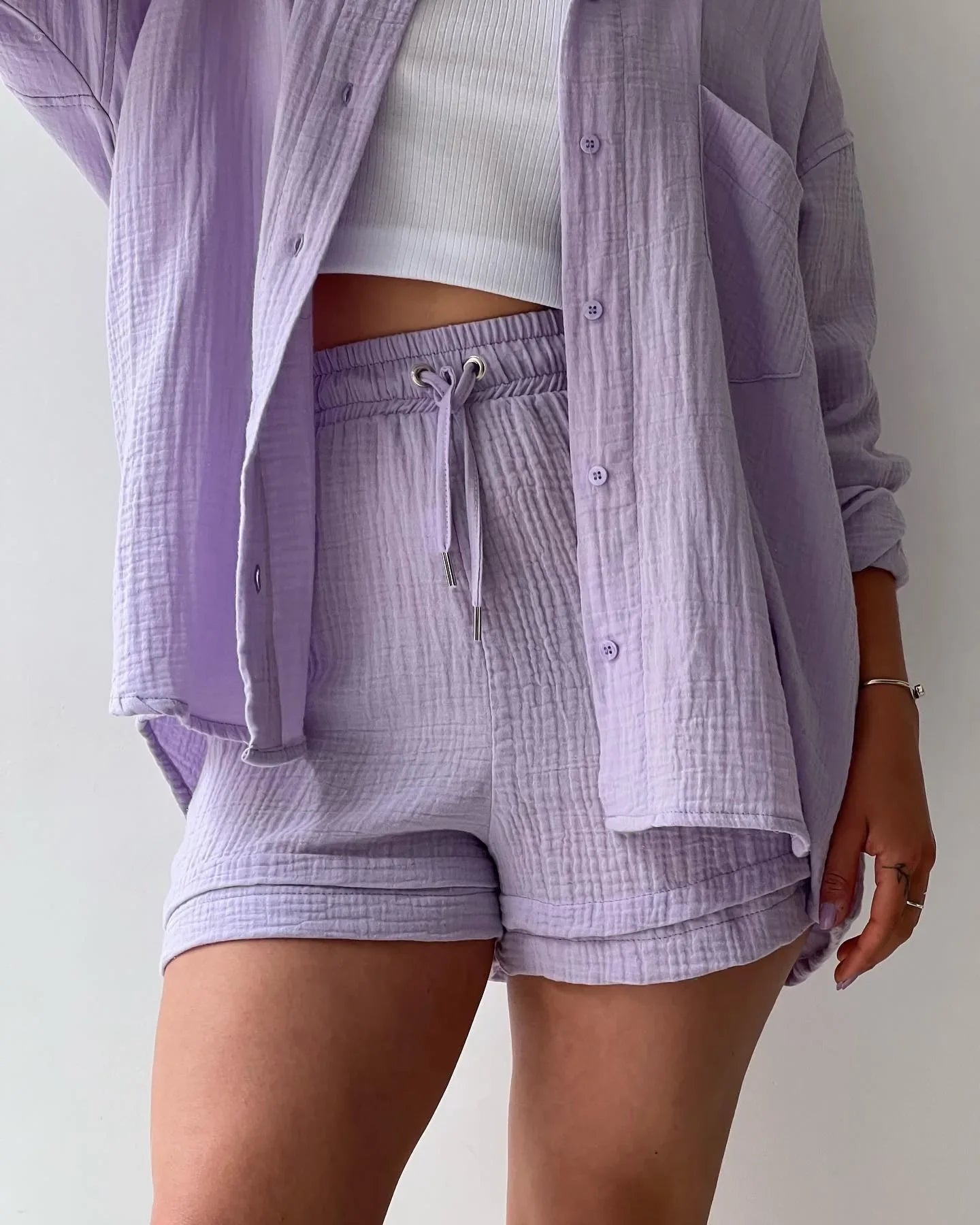Women's Short Sets 2 Pcs Sale Grass Green Loose Button Cardigan Blouse Coats & Drawstring Wide Leg Loose Short Pant Suits