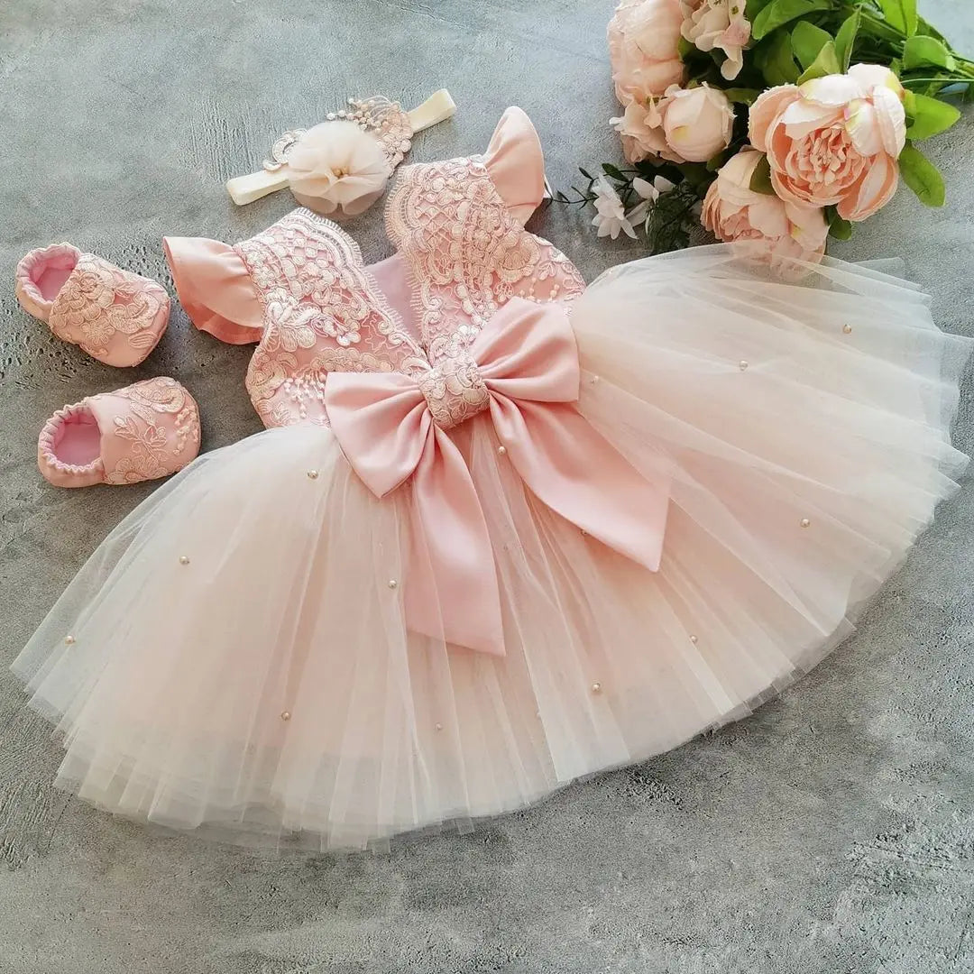 Toddler Kids 1st Birthday Baptism Party Dress for Girl Princess Luxury Embroidery Costume Backless Bow Wedding Gown Baby Dresses
