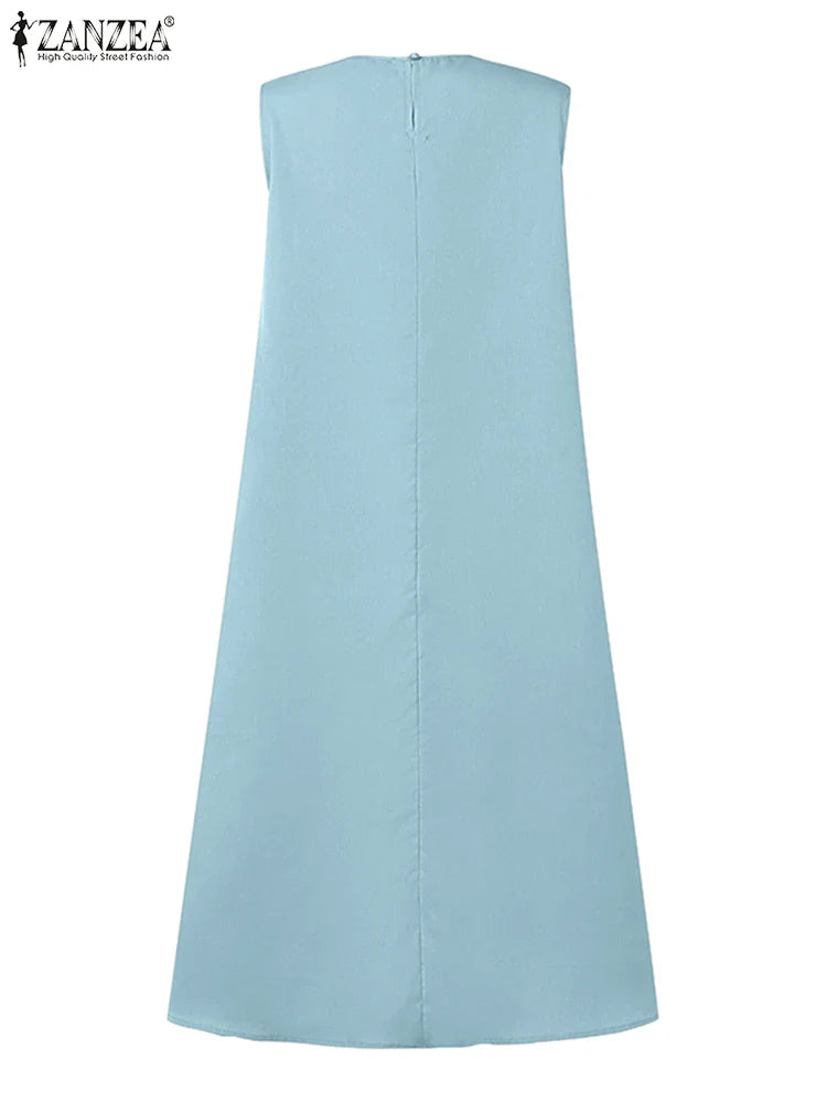 ZANZEA Summer Women's A-line Midi Dresses Casual O-Neck Shirring Pleated Tank Vestidos 2025 Fashion Holiday Solid Robes Femme