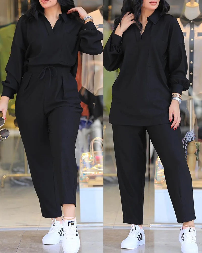 Women Spring Summer 2pcs Clothes Set Lantern Sleeve Top & Pocket Design Pants Set Solid Color Shirt Long Pants
