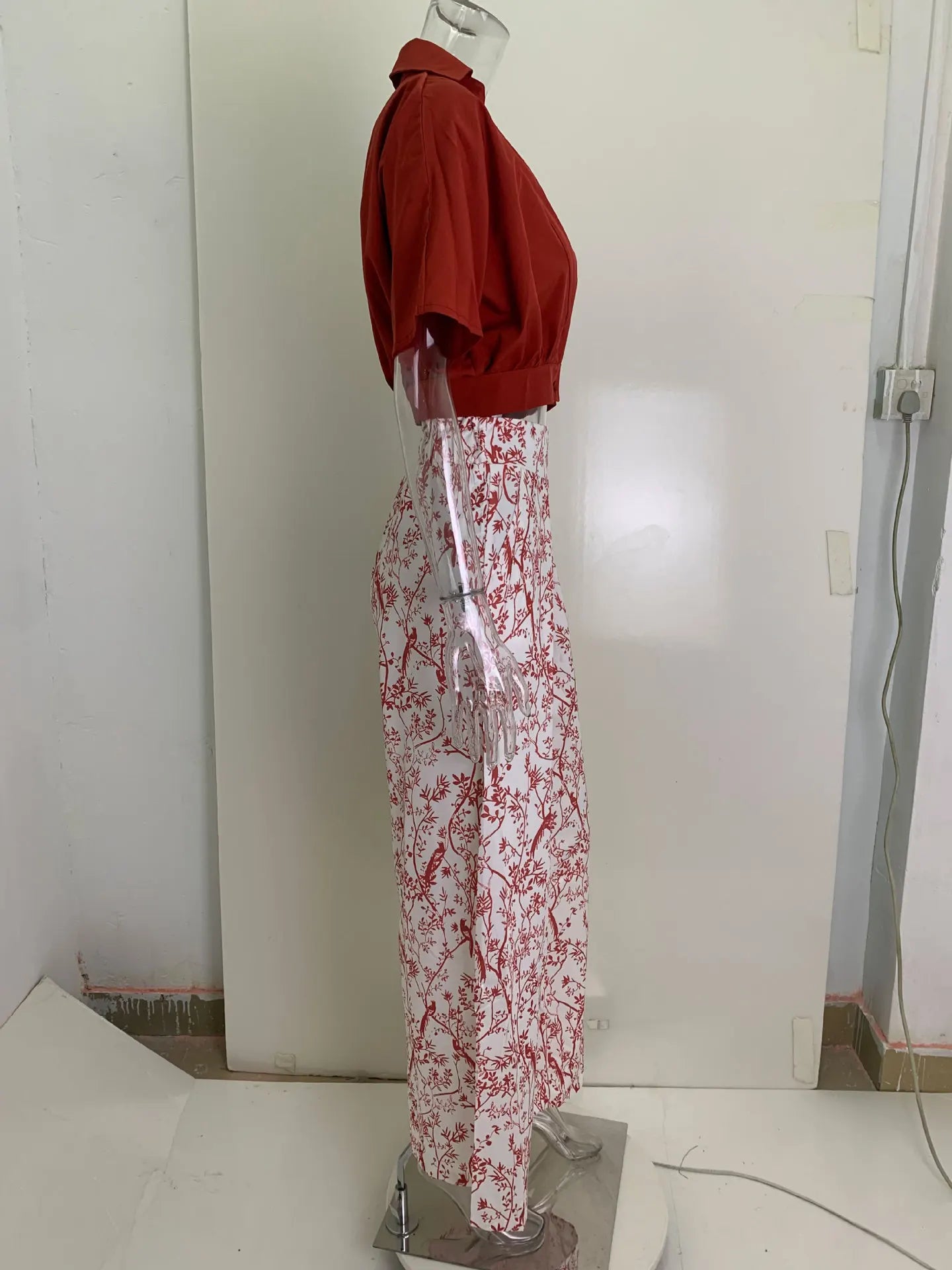 Summer New Printed Pants Sets Women Fashion Raglan Sleeves V-neck Cropped Top High Waist Wide Legs Trousers Two Piece Set Female