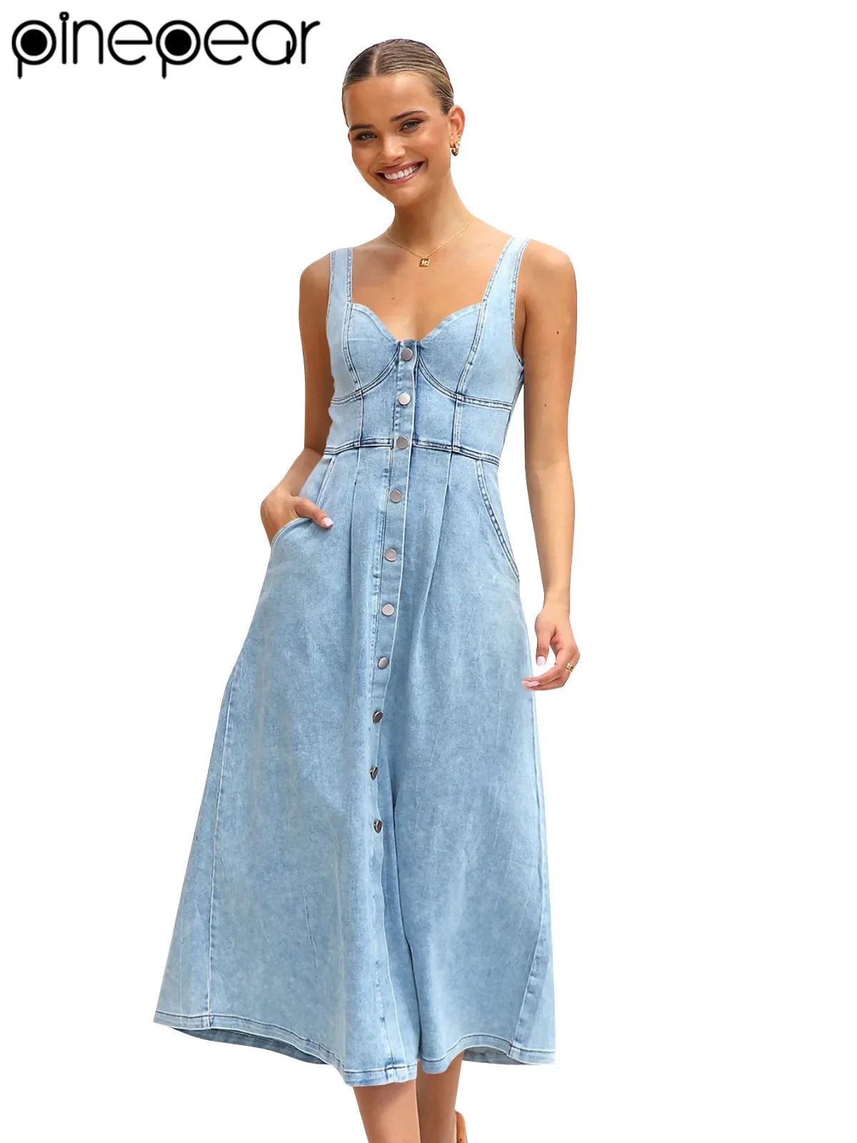 PinePear Sleeveless Strap Dress Women 2025 Summer Single-Breasted Pockets Denim Dresses Woman Light Blue A Line Long Dress