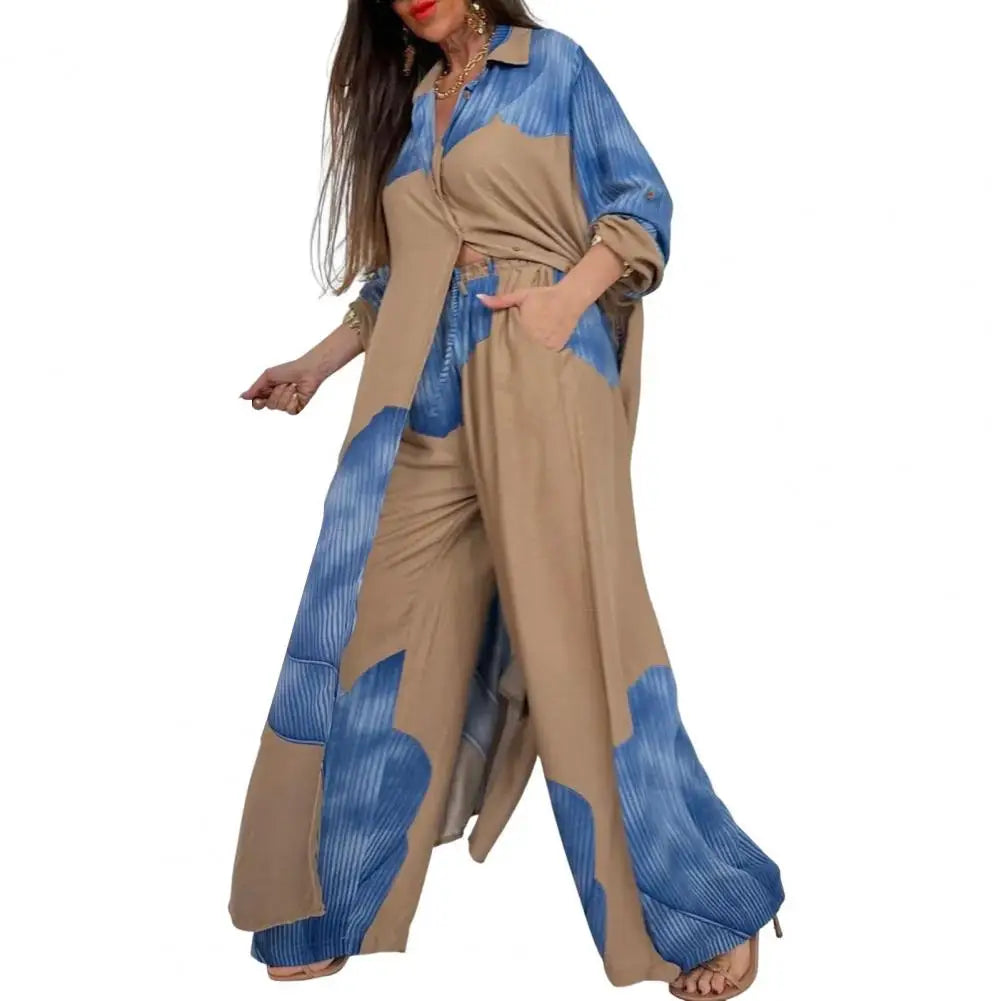 Two-piece Suit Women Contrasting Color Suit Stylish Women's V-neck Patchwork Printed Suit for Various Occasions Loose Fit Top