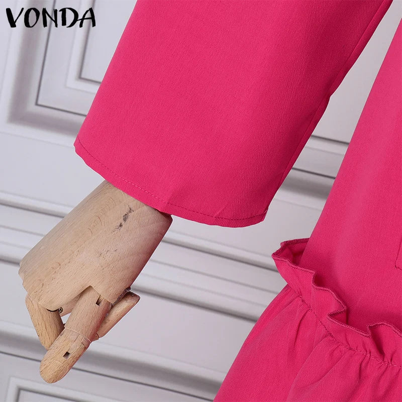 Plus Size VONDA Women Ruffled Maxi Long Dress 2024 Casual Solid Color A-Line Shirt Dress Stand Collar Long Sleeve Party Vestido