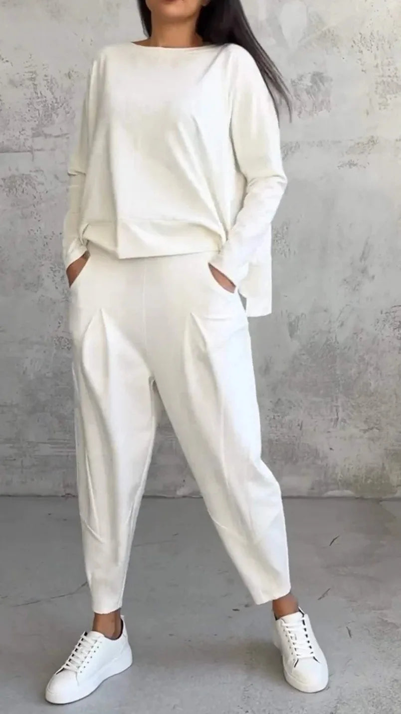 Women Two Piece Pant Sets Solid Full Sleeved Tops Round Neck Casual Midi Waist Long Pants Pockets Regular Elegant Lady