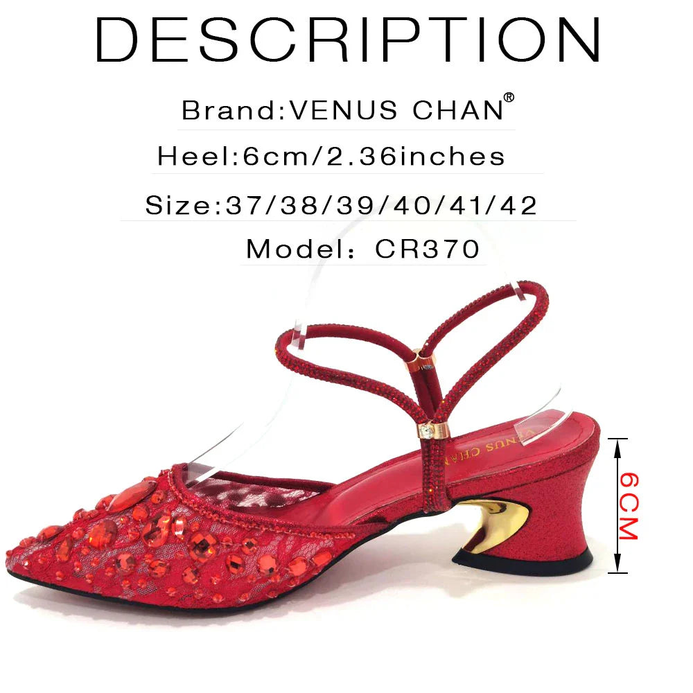 Venus Chan Pointed Toe Heels for Women Party Green Color Full Diamond Lace Matching Design Italian Shoe and Bag Set Designer