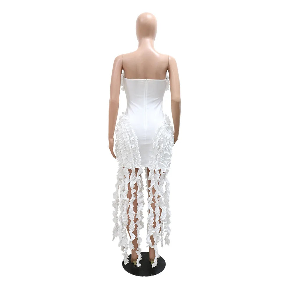 Women Strapless Ruffles Tassel Splicing Irregular Birthday Bodycon Midi Maxi Dress 2025 Even Sexy Party Dresses Vestidos