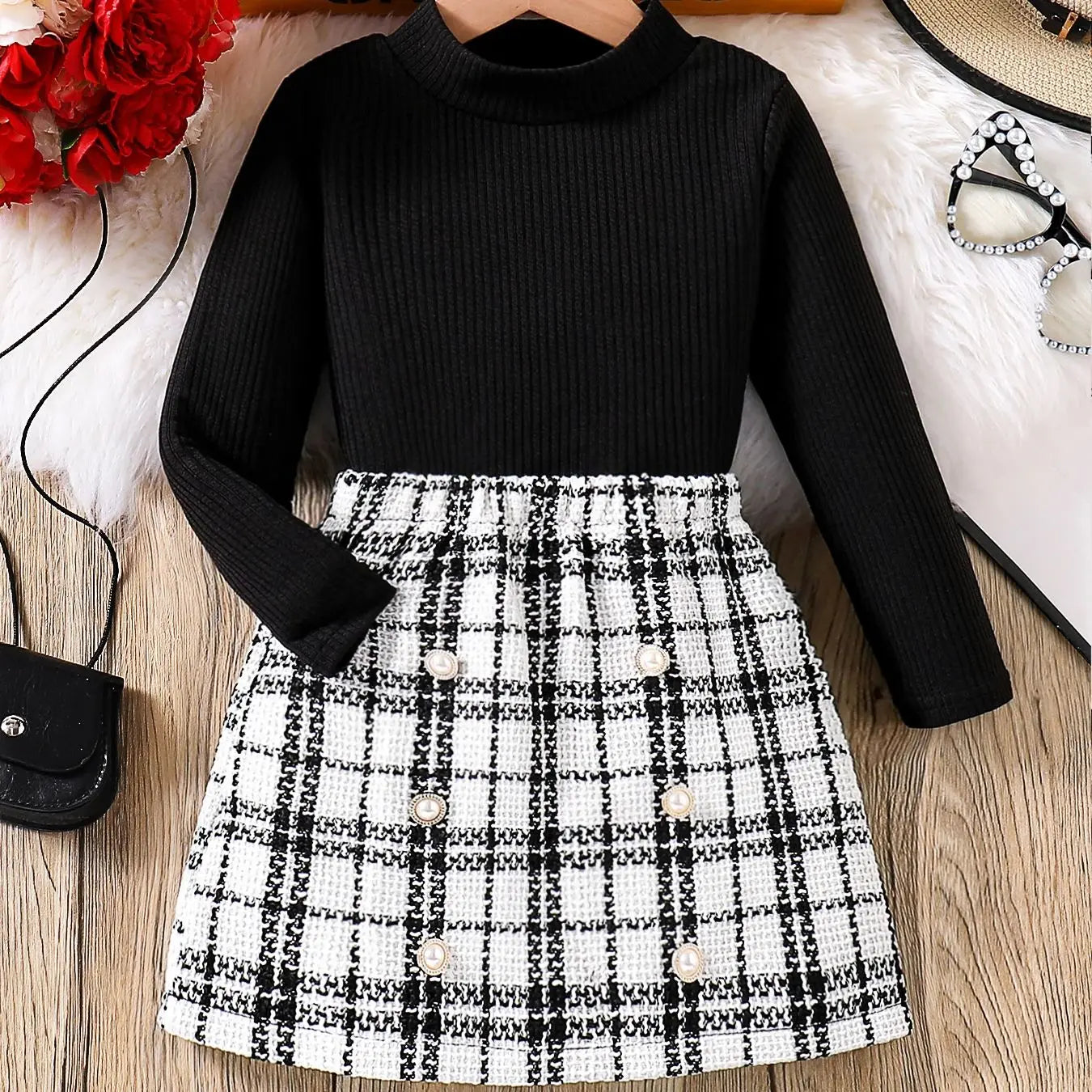 Spring and autumn fashion girls casual 2-piece micro elastic solid color knitted crew-neck long-sleeved top + plaid skirt