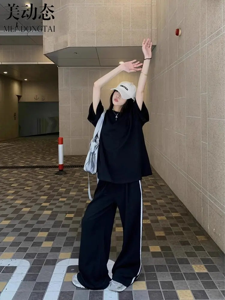 Spring/Summer Loose Casual Set Women's Stripe Short Sleeved T-shirt Wearing Floor Sweeping Wide Legged Pants Two Piece Set