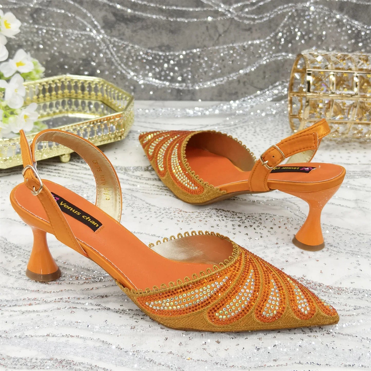 Venus Chan 2025 New Shoes and Bag to Match Orange Colour Pointed-Toe Diamond-Studded Party Women's High Heels Ms. Banguet Scene
