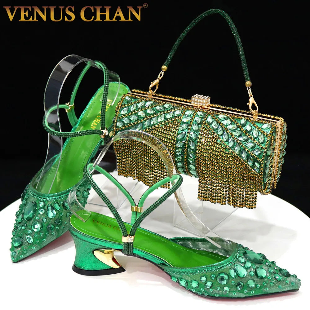 Venus Chan Pointed Toe Heels for Women Party Green Color Full Diamond Lace Matching Design Italian Shoe and Bag Set Designer