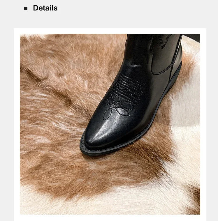 Vintage Black Western Cowboy Boots for Women Heels PU Leather Ankle Booties Woman 2024 Autumn Winter Chunky Heels Knight Boots