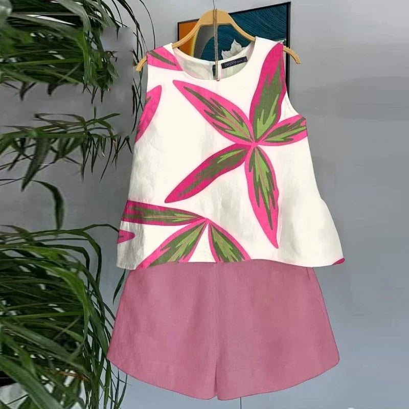 ZANZEA 2025 Summer Printed Tanks Short Suit Women 2PCS Short Sets Holiday Stitching Pleats Outfits Casual Loose Matching Sets