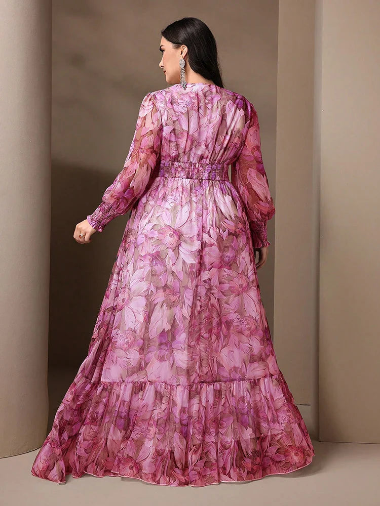 TOLEEN Plus Size Women V-Neck Lantern Sleeve Ruffle 2024 Spring Summer Casual Elegant Floral Print Vacation Party Long Dresses