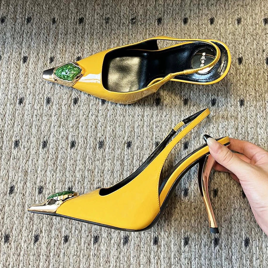Women's Gem Metal Pointed Temperament High Heels with Sexy Empty Sandals