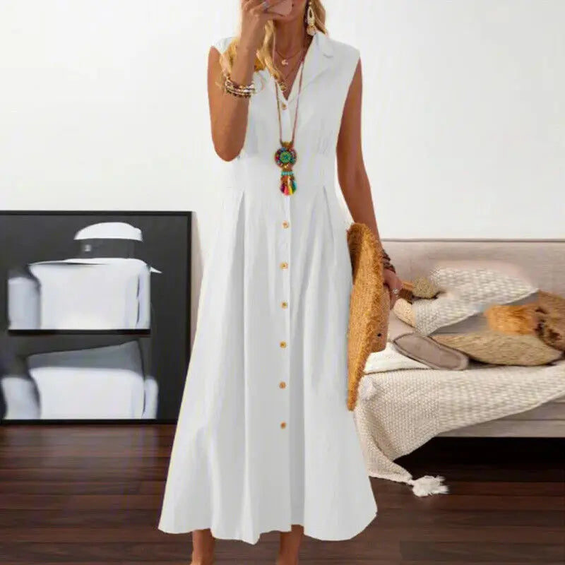 Women Cotton Linen Long Dress Summer Sleeveless Buttons Turn-down Collar Shirt Dress Loose Neck Temperament Office Dresses 2024