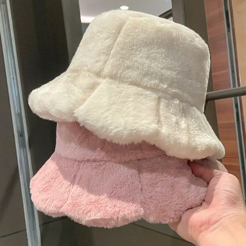 Women Girls Faux Fur Bucket Hat Plush Warm Fisherman Hat Outdoor Windproof Panama Bowl Hats Autumn Street Cold -proof Cap Hats