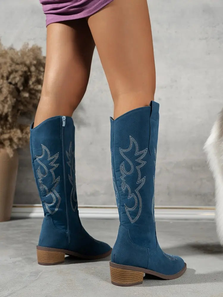 Women Chelsea Cowboy Knee High Boots for Women Mid Heels Walking Shoes Winter Fashion Zipper Chunky Boots Pumps Punk High Botas