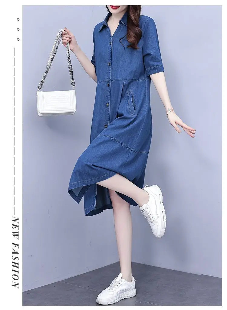 Oversized 5XL Single Breasted Denim Dress For women 2024 Summer New Short sleeved Shirt Denim Dresses Female Casual Clothes