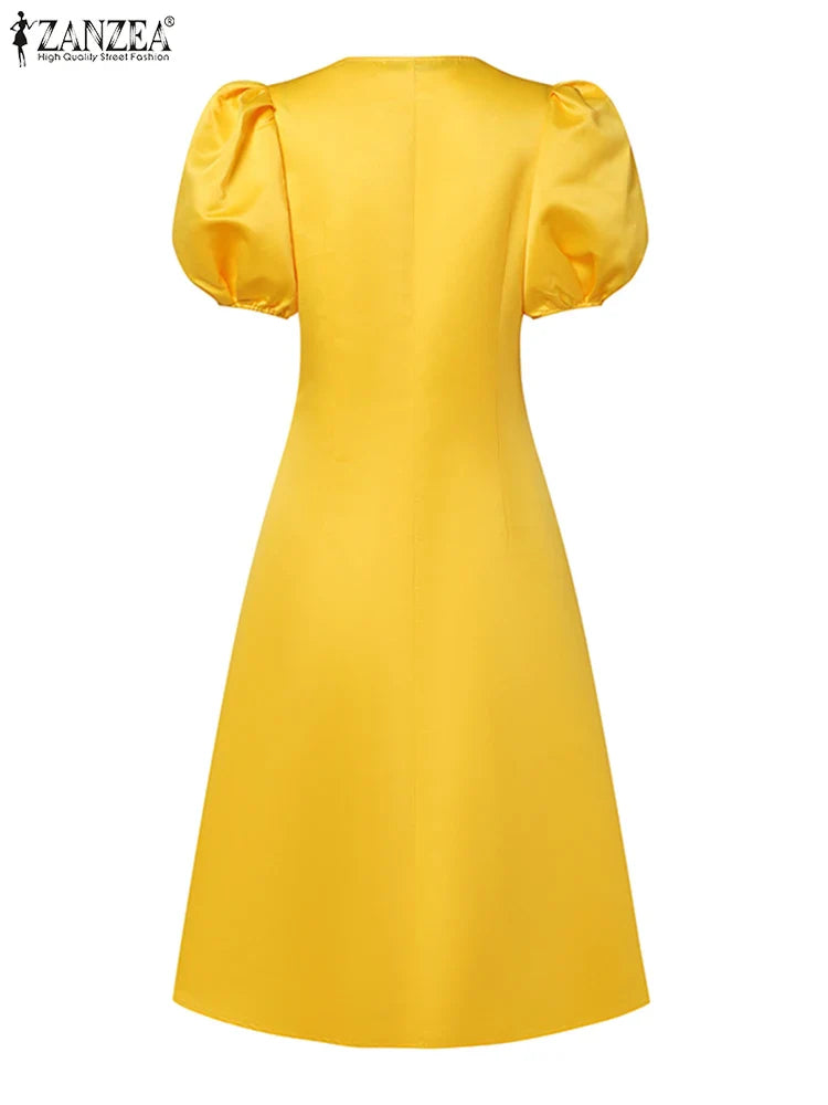 ZANZEA Woman Elegant Party Dress Summer Puff Sleeve V-Neck Dresses Fashion Solid Sundress Vintage A Line Vestidos Oversized 2024