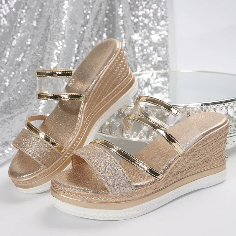 Women's Wedges Sandals Luxury Platform Slippers Sexy Open Toe Women Shoes Shiny High Heels Women Beach Shoes sandalias de mujer