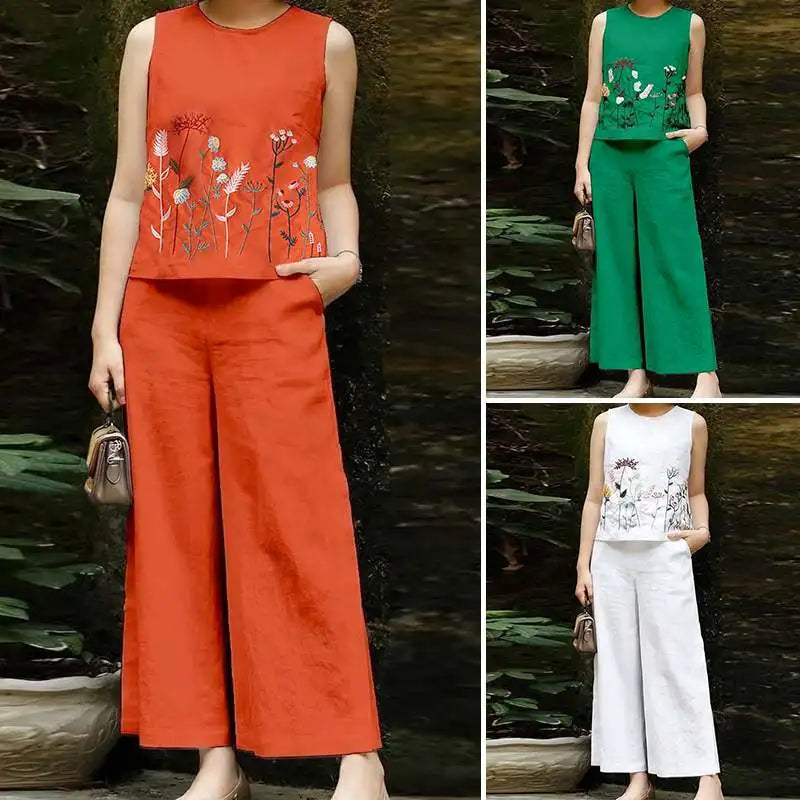 Vintage Women Sleeveless Tops Wide Leg Pant Sets Summer Matching Sets ZANZEA 2PCS Embroidery Floral Trousers Suits Tracksuit
