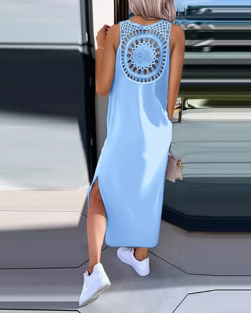Sexy Backless Sleeveless Solid Midi Dress Women 2024 Summer Casual White Lace Long Dresses For Women Robe Femme