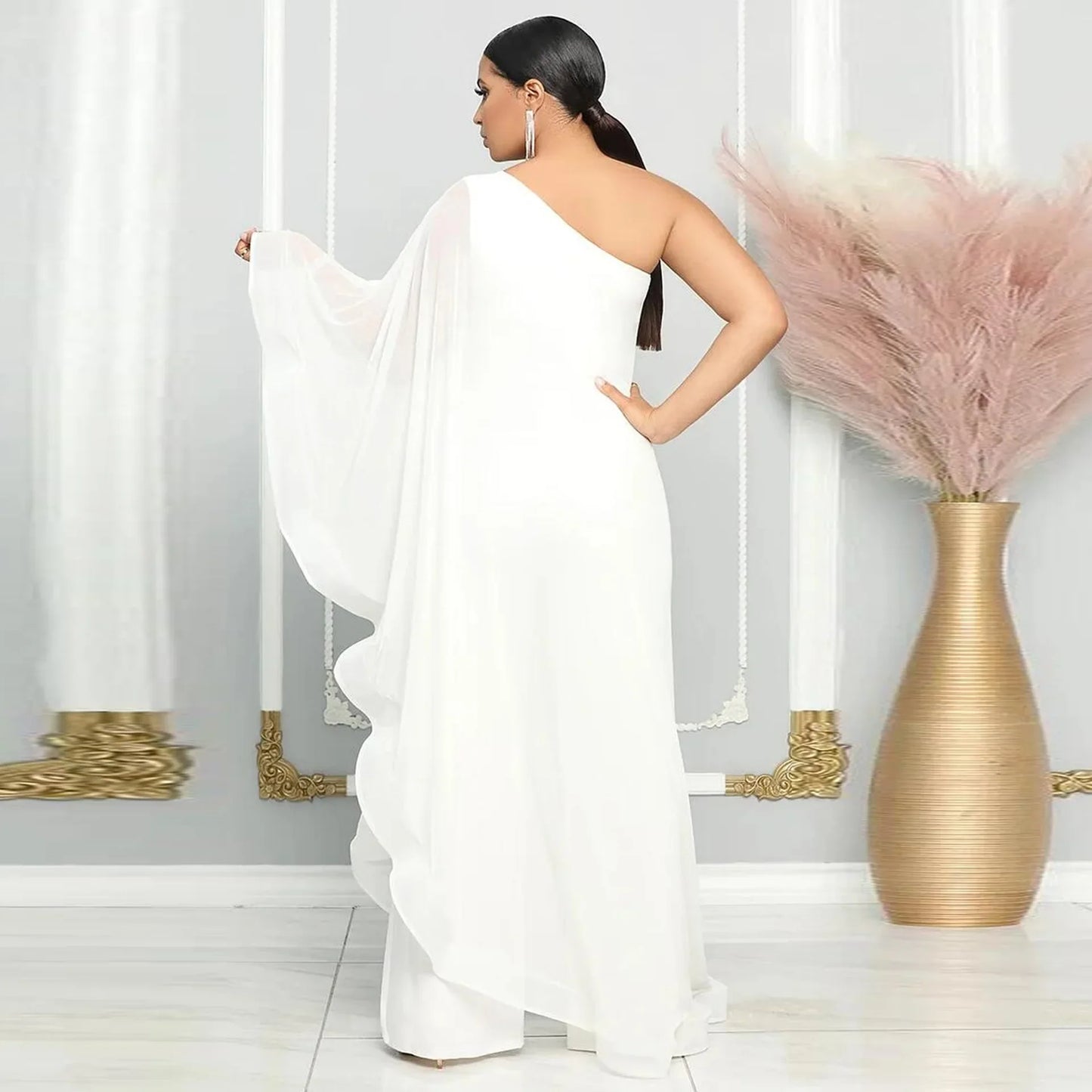 White Wide Leg Party Jumpsuit Sexy Women One Shoulder Elegant Solid Ruffles Casual Overalls Rompers