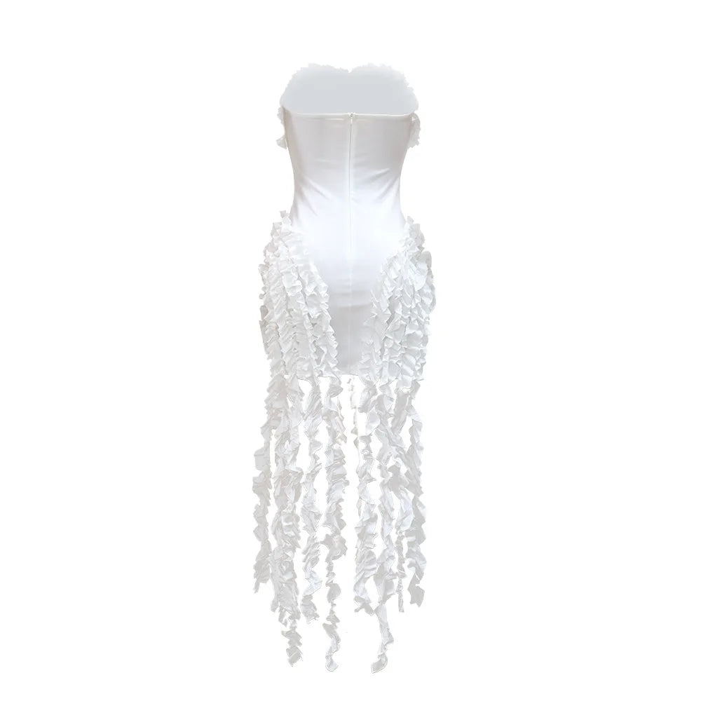 Women Strapless Ruffles Tassel Splicing Irregular Birthday Bodycon Midi Maxi Dress 2025 Even Sexy Party Dresses Vestidos