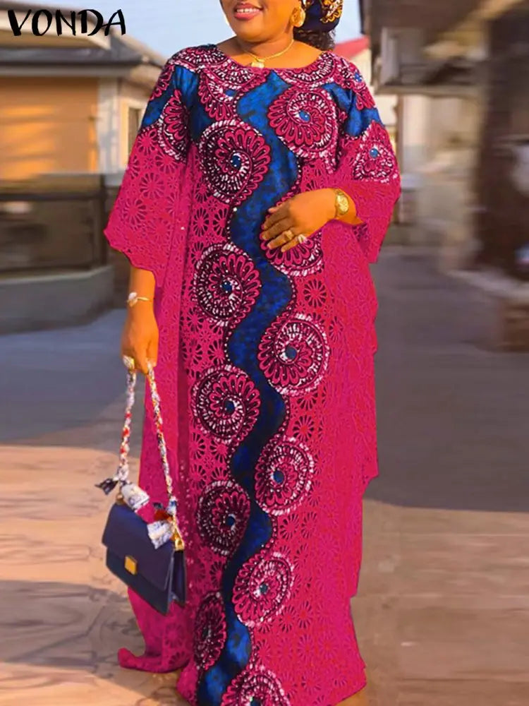 VONDA Women Maxi Dress 2024 Bohemian Summer Dress 3/4 Sleeve Casual Loose Floral Printed Vintage Holiday Vestidos Robe