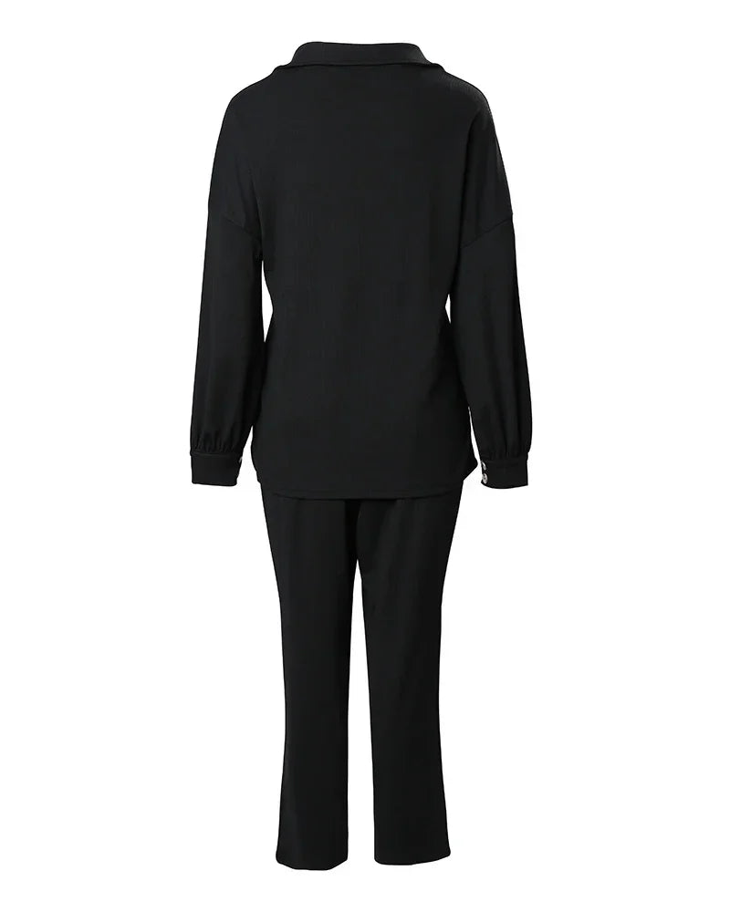 Women Spring Summer 2pcs Clothes Set Lantern Sleeve Top & Pocket Design Pants Set Solid Color Shirt Long Pants