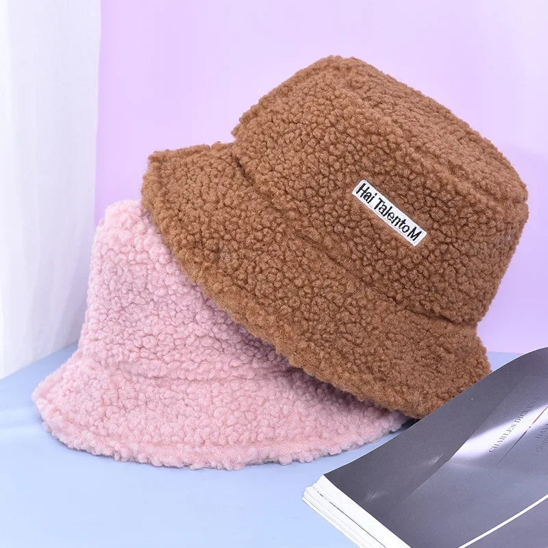 Women Girls Faux Fur Bucket Hat Plush Warm Fisherman Hat Outdoor Windproof Panama Bowl Hats Autumn Street Cold -proof Cap Hats