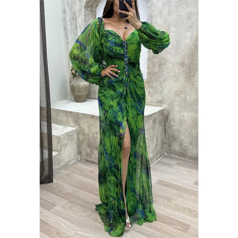 Women Floral Lantern Long Sleeve Dress Elegant Rhinestone Off Shoulder Maxi Dresses Sexy Deep V-neck Waist Split Parties Dress