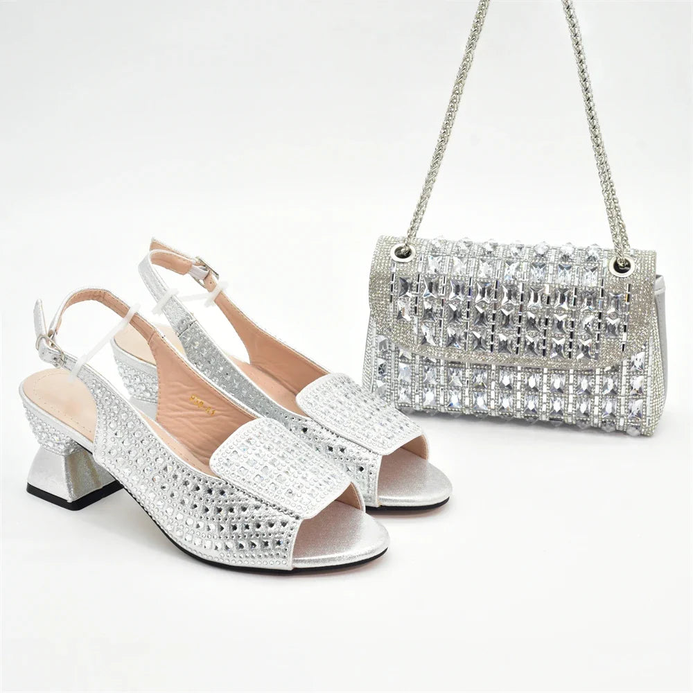 New Fashion Italian Shoe and Bags Matching Set Decorated with Rhinestone Luxury Designer Women Party Pumps Elegant Bridal Shoes