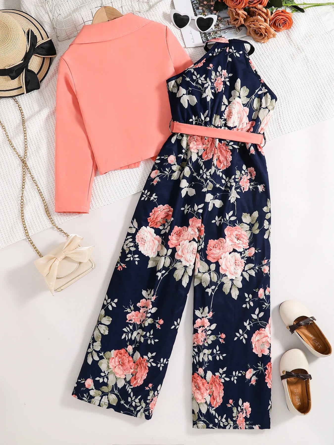 Spring and summer girls fashion outdoor leisure vacation 2-piece pink suit + loose halter high waist one-piece pants dress set