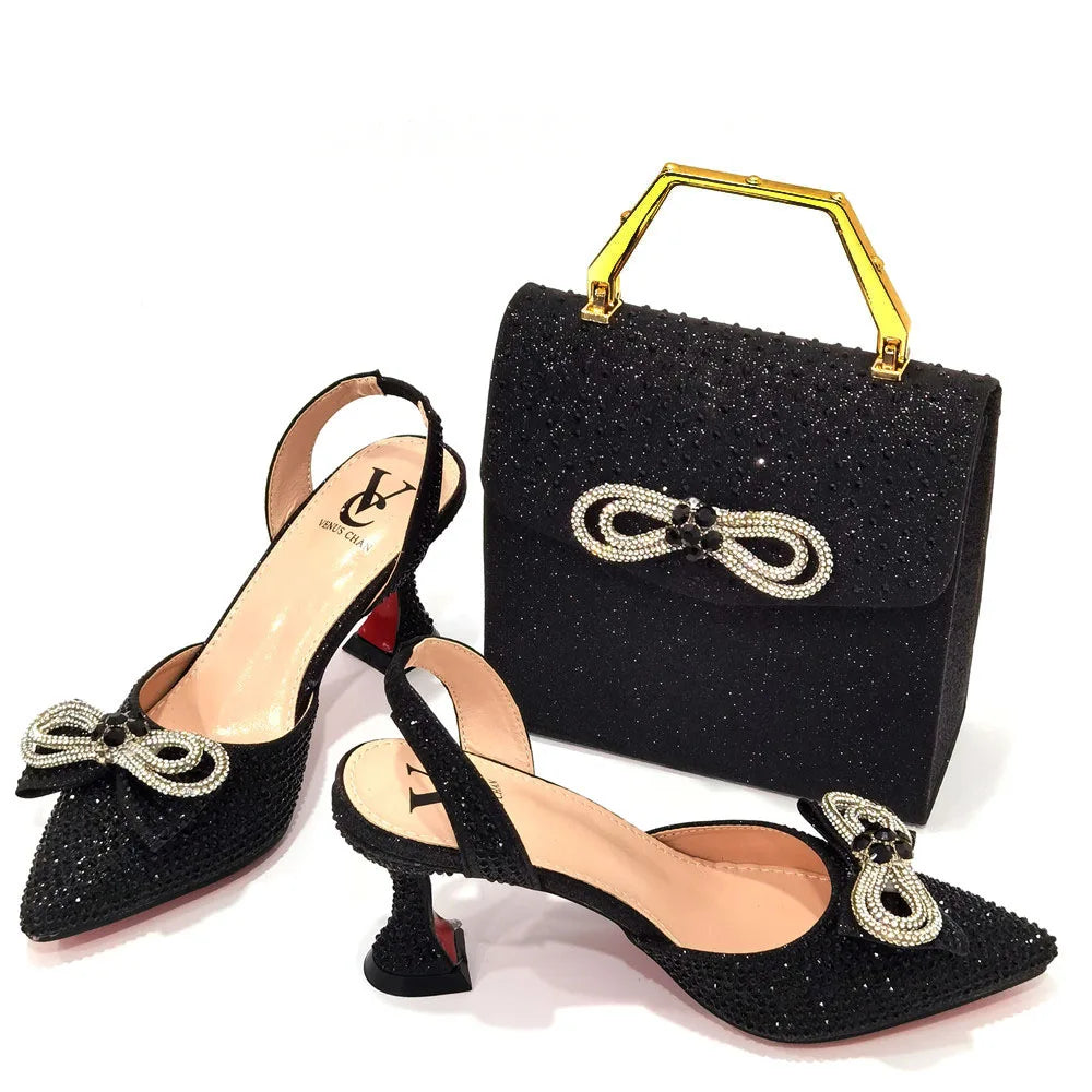 The Latest Style Rhinestone Bow Side Empty Party High Heels Pointed Toe Stiletto Heels Silver Women's Shoes And Bags
