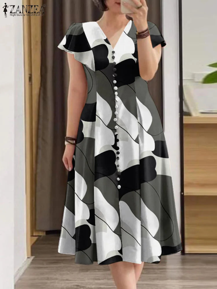 ZANZEA Summer Fashion Women's Printed Dress Short Sleeve V-Neck Robe Casual Holiday Sundress Elegant Fitted Wiast Vestidos 2025