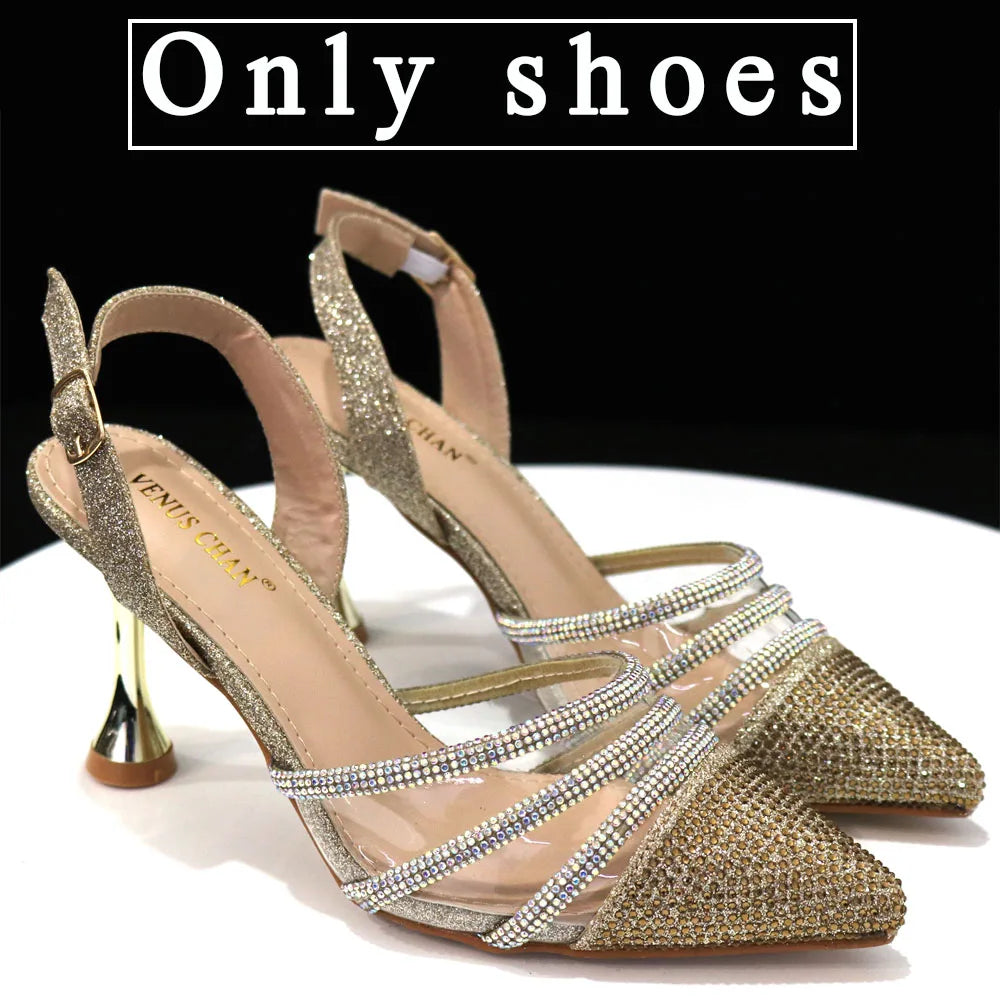 Venus Chan Shoes for Women 2023 Pointed Toe Black Heels Rhinestone Chain Party Sandals Italian Shoes and Bags Matching Set 2023